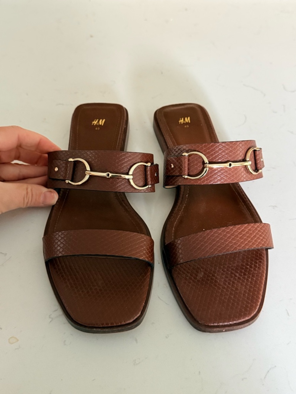 H&M Brown Textured Slide Sandals with Gold Horsebit Accent
